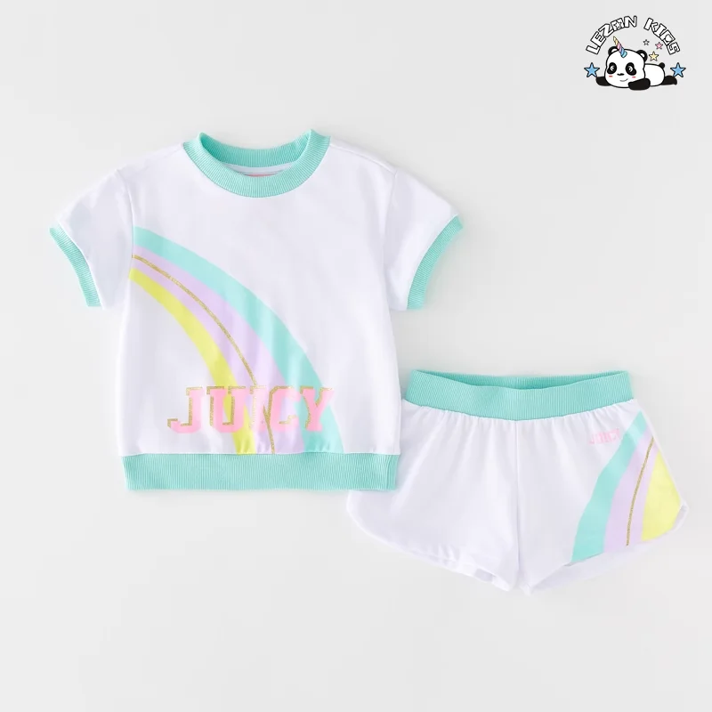 LEZONKIDS - Conjunto de Roupas de Tecido Terry de Manga Curta Personalizado para Meninas, Top Cropped e Conjunto de Shorts de 2 Peças